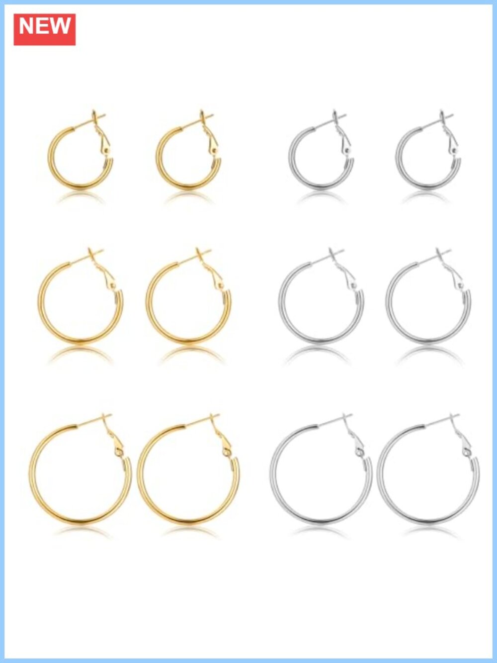 14K Gold Plated Stainless Steel Hoop Earrings Set Lightweight Hypoallergenic